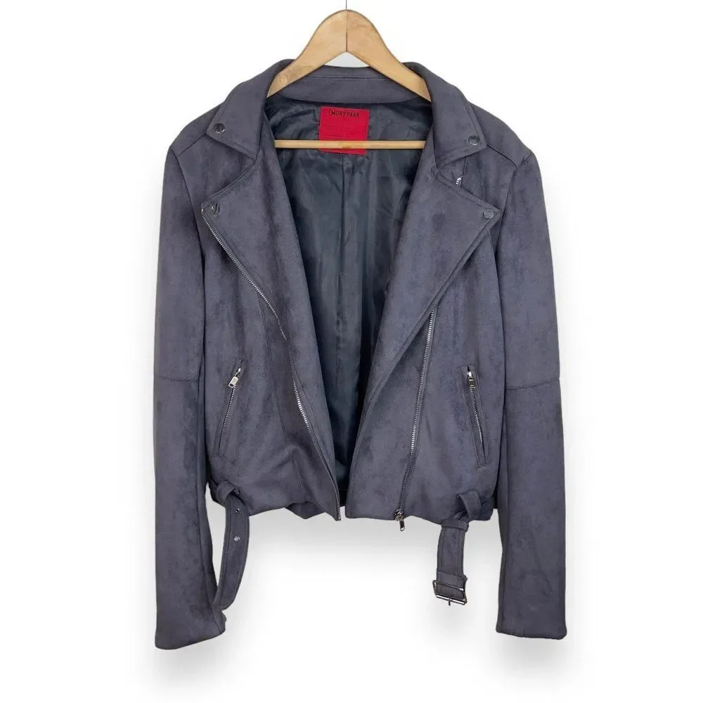 Anthro Emory Park Plush Faux Suede Moto Jacket in Charcoal
